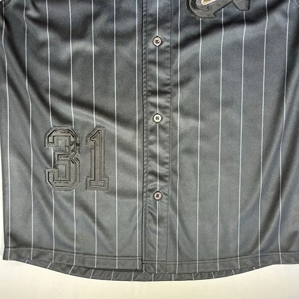 Nike Sleeveless Baseball Jersey Mens L Black Pinstripe Button Up #31 Y2K Stitch